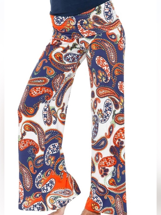 White Mark Pants - White Mark Navy, Orange & White Paisley Wide-Leg Palazzo Pants